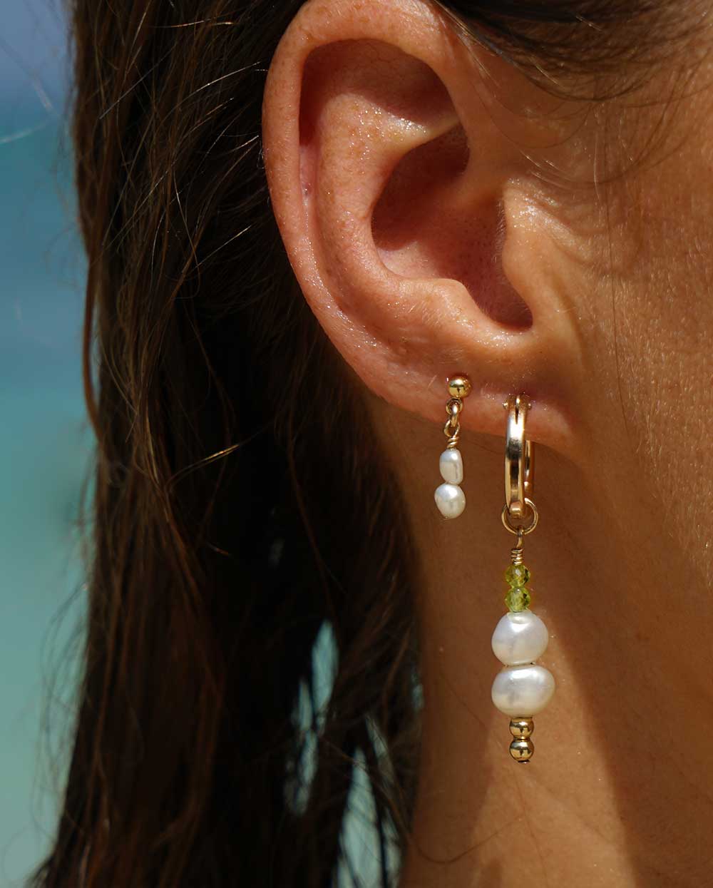 Peridot & Pearl Huggie Earrings